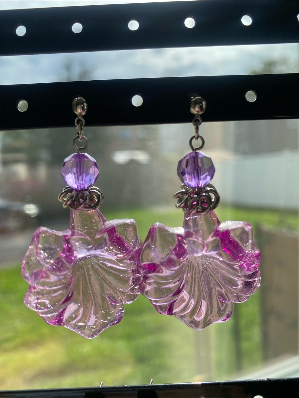 Purple Floral Glass Resin Drop Earrings - Women Jewelry